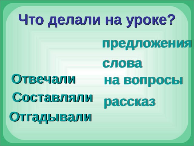 Что делали на уроке? предложения слова  Отвечали на вопросы Составляли рассказ Отгадывали 