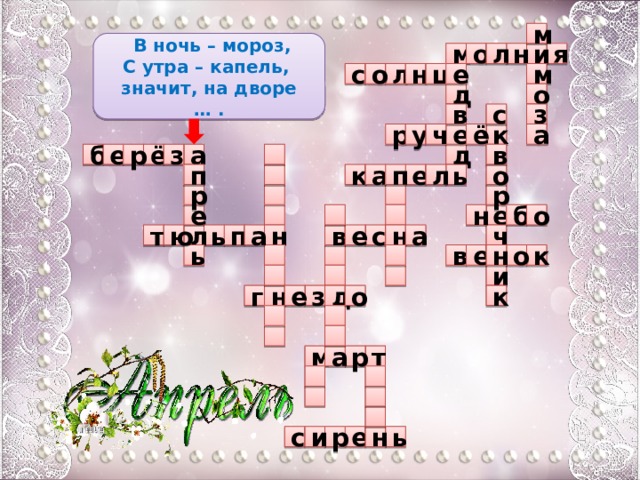 м  В ночь – мороз, С утра – капель, значит, на дворе … . и я о н л м е о с м л ц н о д с в з у ч р к е а ё д а б  в з ё е р о л п а ь к п е    р р  е е  н о б  ю а л ь п т н е ч н в а с о ь н  к  в е     и е д к з о н г     а м р т      е ь и р с н  