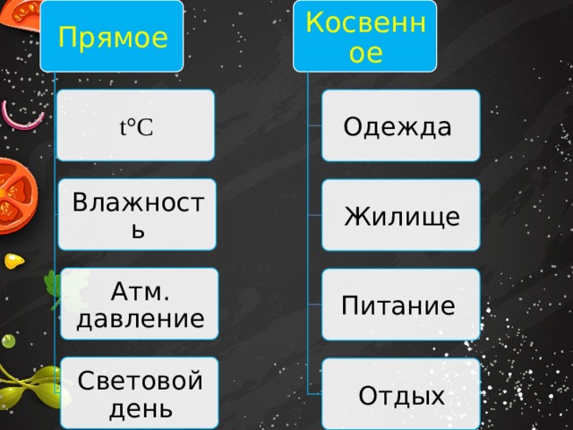 Прямое Косвенное t°C Одежда Влажность Жилище Атм. давление Питание Световой день Отдых 