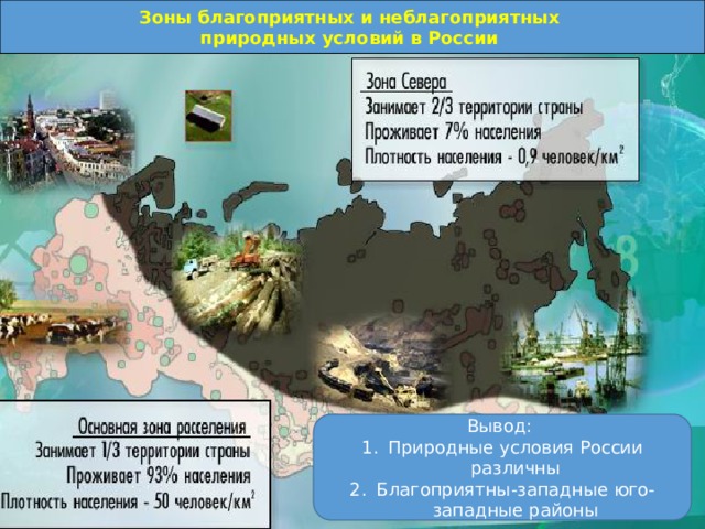 Зоны благоприятных и неблагоприятных природных условий в России Вывод: Природные условия России различны Благоприятны-западные юго-западные районы 