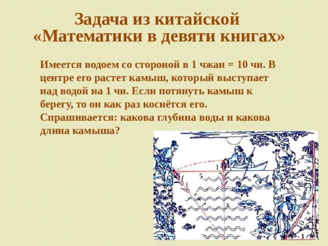 Задача из китайской  «Математики в девяти книгах»  Имеется водоем со стороной в 1 чжан = 10 чи. В центре его растет камыш, который выступает над водой на 1 чи. Если потянуть камыш к берегу, то он как раз коснётся его. Спрашивается: какова глубина воды и какова длина камыша? 