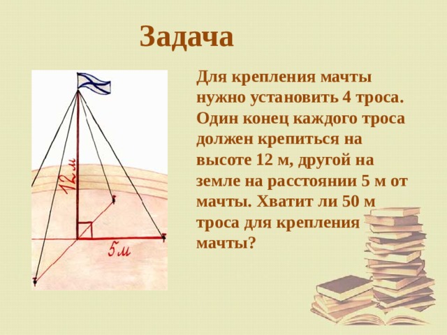 Задача Для крепления мачты нужно установить 4 троса. Один конец каждого троса должен крепиться на высоте 12 м, другой на земле на расстоянии 5 м от мачты. Хватит ли 50 м троса для крепления мачты? 