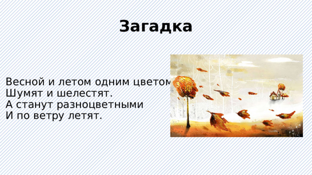 Загадка Весной и летом одним цветом,  Шумят и шелестят.  А станут разноцветными  И по ветру летят. 