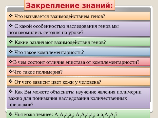 Закрепление знаний:  Что называется взаимодействием генов?  С какой особенностью наследования генов мы познакомились сегодня на уроке?  Какие различают взаимодействия генов?  Что такое комплементарность? В чем состоит отличие эпистаза от комплементарности? Что такое полимерия?  От чего зависит цвет кожи у человека?  Как Вы можете объяснить: изучение явления полимерии важно для понимания наследования количественных признаков?  Чья кожа темнее: А 1 А 1 а 2 а 2 ; А 1 А 1 а 2 а 2 ; а 1 а 1 А 2 А 2 ? 