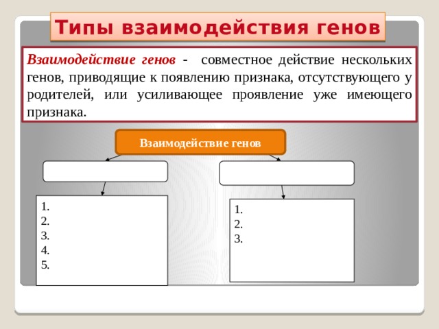 Типы взаимодействия генов Взаимодействие генов  - совместное действие нескольких генов, приводящие к появлению признака, отсутствующего у родителей, или усиливающее проявление уже имеющего признака. Взаимодействие генов 1. 2. 3. 4. 5. 1. 2. 3. 