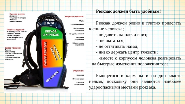 Рюкзак должен быть удобным! Рюкзак должен ровно и плотно прилегать к спине человека; - не давить на плечи вниз; - не шататься; - не оттягивать назад; - низко держать центр тяжести; вместе с корпусом человека реагировать на быстрые изменения положения тела. Бьющегося в карманы и на дно класть нельзя, поскольку они являются наиболее удароопасными местами рюкзака. 