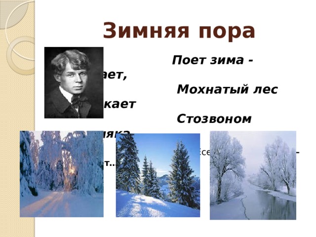 Зимняя пора  Поет зима - аукает,  Мохнатый лес баюкает  Стозвоном сосняка.  Сергей Есенин  «Поет зима – аукает…»  