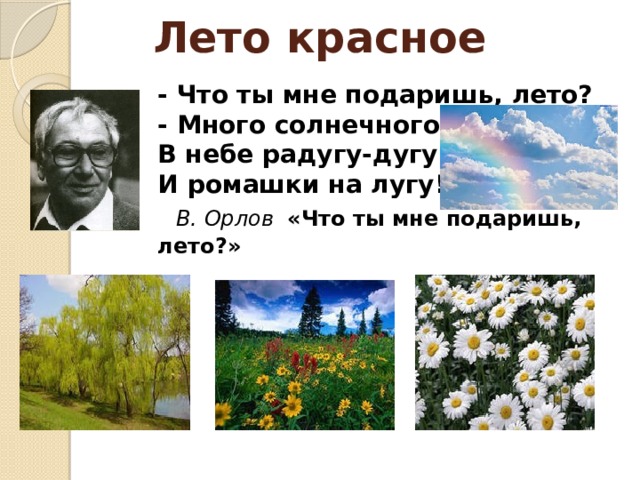 Лето красное - Что ты мне подаришь, лето?  - Много солнечного света!  В небе pадyгy-дyгy!  И ромашки на лyгy!   В. Орлов  «Что ты мне подаришь, лето?» 