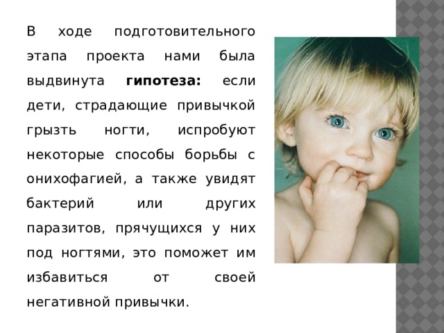 В ходе подготовительного этапа проекта нами была выдвинута гипотеза: если дети, страдающие привычкой грызть ногти, испробуют некоторые способы борьбы с онихофагией, а также увидят бактерий или других паразитов, прячущихся у них под ногтями, это поможет им избавиться от своей негативной привычки. 