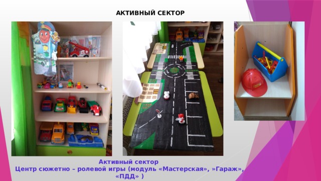 АКТИВНЫЙ СЕКТОР Активный сектор  Центр сюжетно – ролевой игры (модуль «Мастерская», »Гараж», «ПДД» ) 