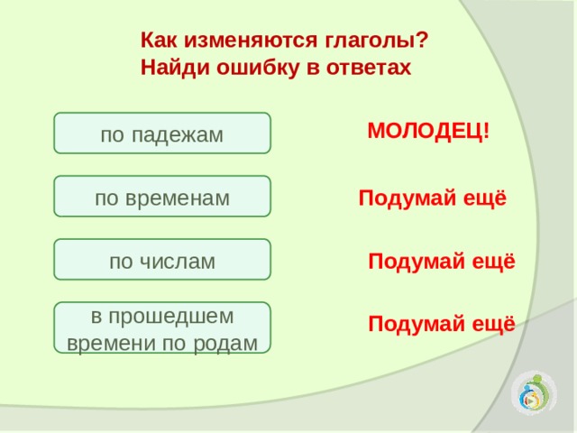  Как изменяются глаголы?  Найди ошибку в ответах МОЛОДЕЦ! по падежам Подумай ещё по временам по числам Подумай ещё в прошедшем времени по родам Подумай ещё 