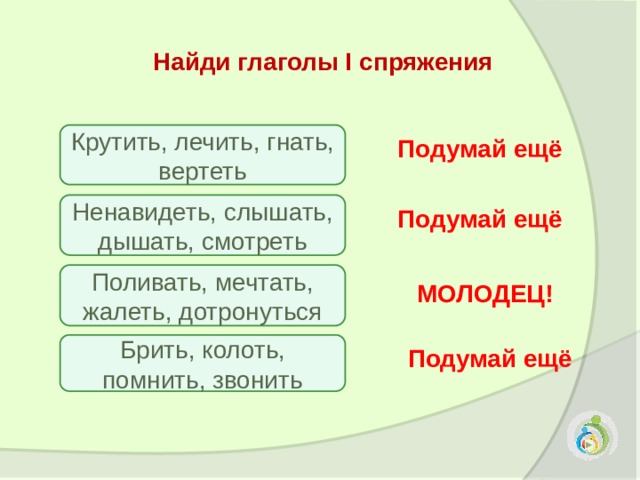 Найди глаголы I спряжения  Крутить, лечить, гнать, вертеть Подумай ещё Ненавидеть, слышать, дышать, смотреть Подумай ещё Поливать, мечтать, жалеть, дотронуться МОЛОДЕЦ! Брить, колоть, помнить, звонить Подумай ещё 