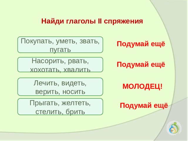Найди глаголы II спряжения  Покупать, уметь, звать, пугать Подумай ещё Насорить, рвать, хохотать, хвалить Подумай ещё Лечить, видеть, верить, носить МОЛОДЕЦ! Прыгать, желтеть, стелить, брить Подумай ещё 