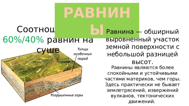 РАВНИНЫ Соотношение 60%/40% равнин на суше Равнина — обширный выровненный участок земной поверхности с небольшой разницей высот. Равнины являются более спокойными и устойчивыми частями материков, чем горы. Здесь практически не бывает землетрясений, извержений вулканов, тектонических движений. 