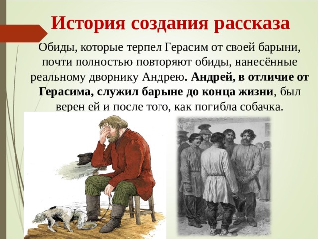  История создания рассказа Обиды, которые терпел Герасим от своей барыни, почти полностью повторяют обиды, нанесённые реальному дворнику Андрею . Андрей, в отличие от Герасима, служил барыне до конца жизни , был верен ей и после того, как погибла собачка. 