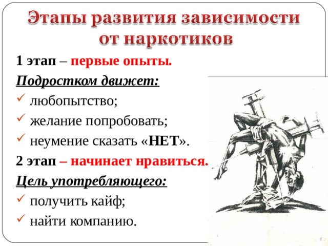 1 этап – первые опыты. Подростком движет:  любопытство;  желание попробовать;  неумение сказать « НЕТ ». 2 этап – начинает нравиться. Цель употребляющего:  получить кайф;  найти компанию. 