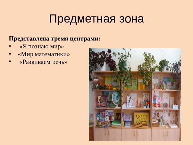 Предметная зона Представлена тремя центрами:  «Я познаю мир»  «Мир математики»  «Развиваем речь» 
