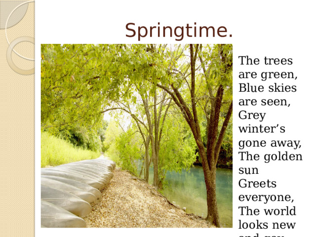 Springtime. The trees are green, Blue skies are seen, Grey winter’s gone away, The golden sun Greets everyone, The world looks new and gay. 