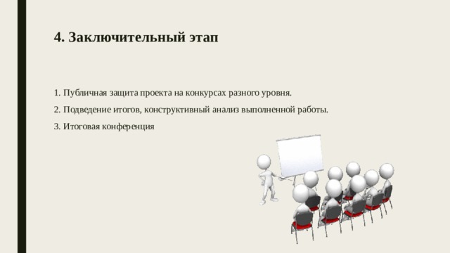 4. Заключительный этап    1. Публичная защита проекта на конкурсах разного уровня. 2. Подведение итогов, конструктивный анализ выполненной работы. 3. Итоговая конференция 