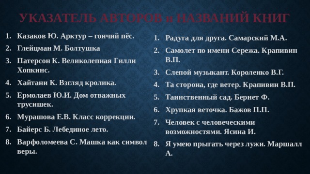 УКАЗАТЕЛЬ АВТОРОВ и НАЗВАНИЙ КНИГ Казаков Ю. Арктур – гончий пёс. Глейцман М. Болтушка Патерсон К. Великолепная Гилли Хопкинс. Хайтани К. Взгляд кролика. Ермолаев Ю.И. Дом отважных трусишек. Мурашова Е.В. Класс коррекции. Байерс Б. Лебединое лето. Варфоломеева С. Машка как символ веры. Радуга для друга. Самарский М.А. Самолет по имени Сережа. Крапивин В.П. Слепой музыкант. Короленко В.Г. Та сторона, где ветер. Крапивин В.П. Таинственный сад. Бернет Ф. Хрупкая веточка. Бажов П.П. Человек с человеческими возможностями. Ясина И. Я умею прыгать через лужи. Маршалл А. 