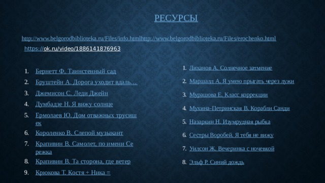 РЕСУРСЫ http://www.belgorodbiblioteka.ru/Files/info.htmlhttp://www.belgorodbiblioteka.ru/Files/erochenko.html https:// ok.ru/video/1886141876963   Лиханов А. Солнечное затмение Маршалл А. Я умею прыгать через лужи Мурашова Е. Класс коррекции Мухина- Петринская В. Корабли Санди Назаркин Н. Изумрудная рыбка Сестры Воробей. Я тебя не вижу Уилсон Ж. Вечеринка с ночевкой Эльф Р. Синий дождь Бернетт Ф. Таинстенный  сад Бруштейн А. Дорога уходит вдаль… Джемисон С. Леди Джейн Думбадзе Н. Я вижу солнце Ермолаев Ю. Дом отважных трусишек Короленко В. Слепой музыкант Крапивин В. Самолет, по имени Сережка Крапивин В. Та сторона, где ветер Крюкова Т. Костя + Ника = 