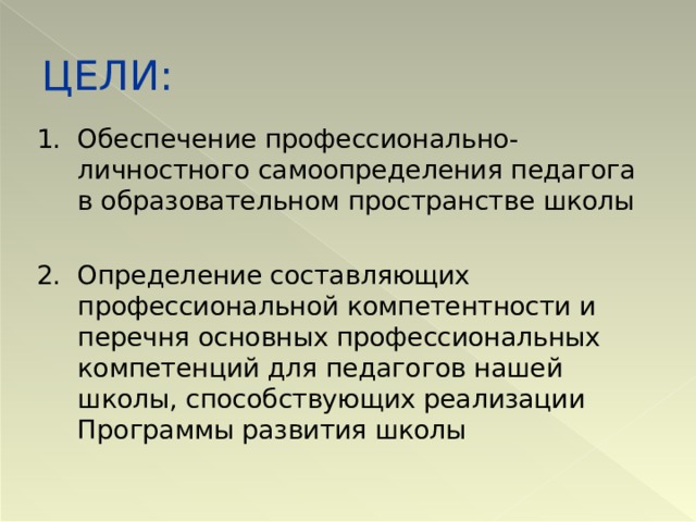 ЦЕЛИ: 1. Обеспечение профессионально-личностного самоопределения педагога в образовательном пространстве школы 2. Определение составляющих профессиональной компетентности и перечня основных профессиональных компетенций для педагогов нашей школы, способствующих реализации Программы развития школы 