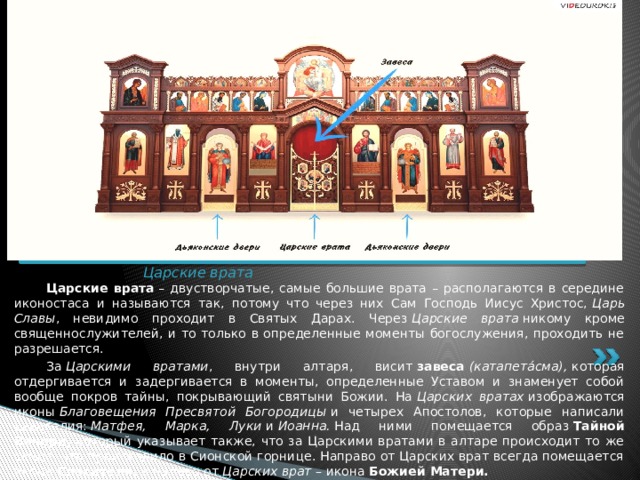 Вставка рисунка Царские врата  Царские врата  – двустворчатые, самые большие врата – располагаются в середине иконостаса и называются так, потому что через них Сам Господь Иисус Христос,  Царь Славы , невидимо проходит в Святых Дарах. Через  Царские врата  никому кроме священнослужителей, и то только в определенные моменты богослужения, проходить не разрешается.  За  Царскими вратами , внутри алтаря, висит  завеса  (катапета́сма),  которая отдергивается и задергивается в моменты, определенные Уставом и знаменует собой вообще покров тайны, покрывающий святыни Божии. На  Царских вратах  изображаются иконы  Благовещения Пресвятой Богородицы  и четырех Апостолов, которые написали Евангелия:  Матфея, Марка, Луки  и  Иоанна.  Над ними помещается образ  Тайной Вечери,  который указывает также, что за Царскими вратами в алтаре происходит то же самое, что происходило в Сионской горнице. Направо от Царских врат всегда помещается икона  Спасителя,  а налево от  Царских врат –  икона  Божией Матери. 