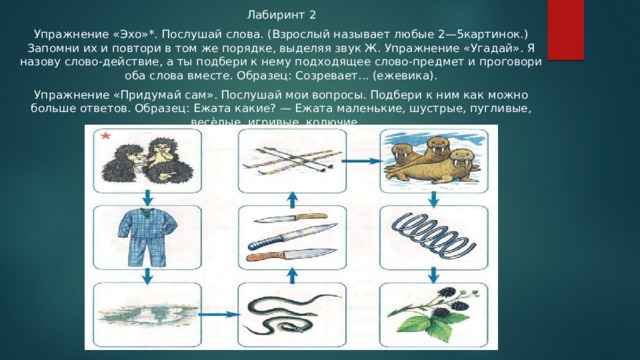 Лабиринт 2 Упражнение «Эхо»*. Послушай слова. (Взрослый называет любые 2—5картинок.) Запомни их и повтори в том же порядке, выделяя звук Ж. Упражнение «Угадай». Я назову слово-действие, а ты подбери к нему подходящее слово-предмет и проговори оба слова вместе. Образец: Созревает... (ежевика). Упражнение «Придумай сам». Послушай мои вопросы. Подбери к ним как можно больше ответов. Образец: Ежата какие? — Ежата маленькие, шустрые, пугливые, весѐлые, игривые, колючие.... 