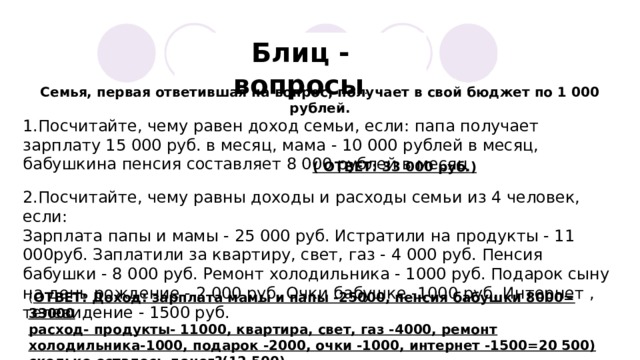 Блиц - вопросы . Семья, первая ответившая на вопрос, получает в свой бюджет по 1 000 рублей. 1.Посчитайте, чему равен доход семьи, если: папа получает зарплату 15 000 руб. в месяц, мама - 10 000 рублей в месяц, бабушкина пенсия составляет 8 000 рублей в месяц ( ОТВЕТ: 33 000 руб.) 2.Посчитайте, чему равны доходы и расходы семьи из 4 человек, если: Зарплата папы и мамы - 25 000 руб. Истратили на продукты - 11 000руб. Заплатили за квартиру, свет, газ - 4 000 руб. Пенсия бабушки - 8 000 руб. Ремонт холодильника - 1000 руб. Подарок сыну на день рождение - 2 000 руб. Очки бабушке -1000 руб. Интернет , телевидение - 1500 руб. ( ОТВЕТ: Доход: зарплата мамы и папы -25000, пенсия бабушки 8000= 33000 расход- продукты- 11000, квартира, свет, газ -4000, ремонт холодильника-1000, подарок -2000, очки -1000, интернет -1500=20 500) сколько осталось денег?(12 500) 