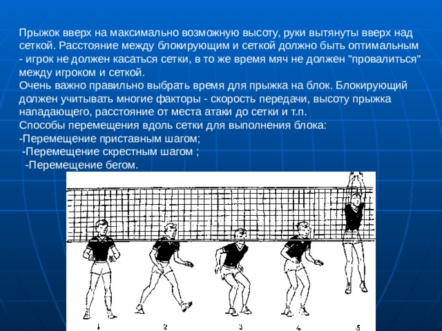Прыжок вверх на максимально возможную высоту, руки вытянуты вверх над сеткой. Расстояние между блокирующим и сеткой должно быть оптимальным - игрок не должен касаться сетки, в то же время мяч не должен 
