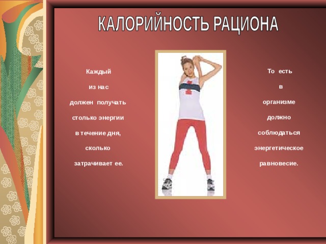 То есть  в организме должно соблюдаться энергетическое равновесие. Каждый  из нас должен получать столько энергии в течение дня, сколько затрачивает ее. 