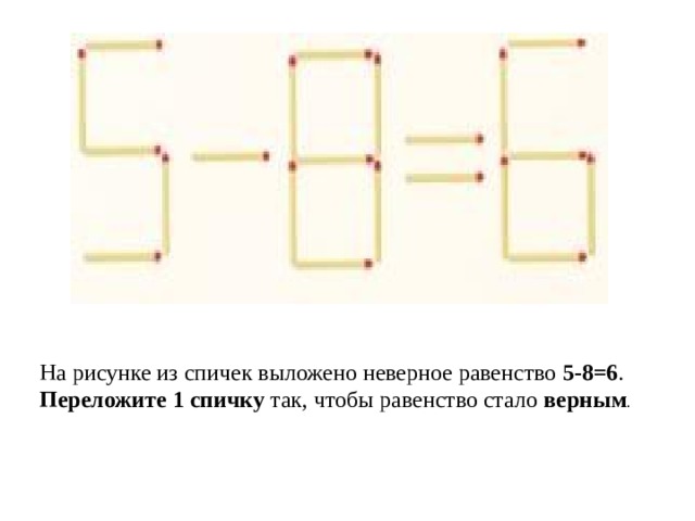 На рисунке из спичек выложено неверное равенство 5-8=6 . Переложите 1 спичку так, чтобы равенство стало верным . 