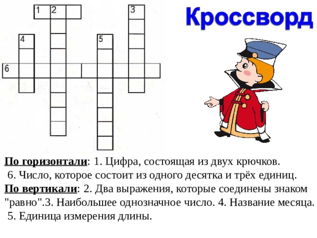 По горизонтали :   1. Цифра, состоящая из двух крючков.  6. Число, которое состоит из одного десятка и трёх единиц. По вертикали :   2. Два выражения, которые соединены знаком 