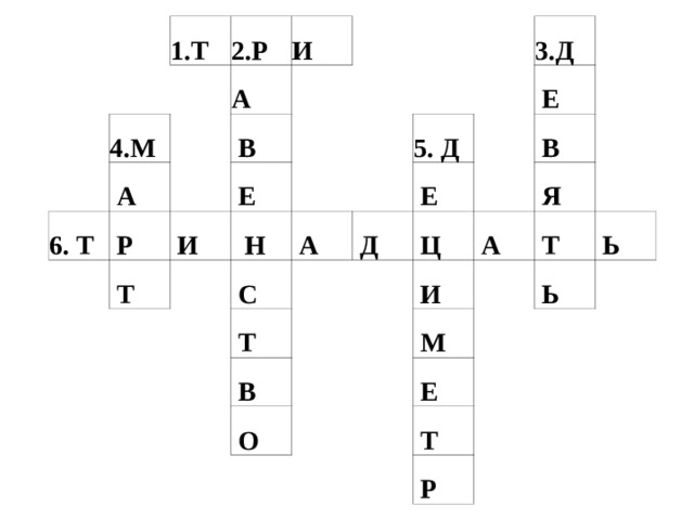 1.Т 2.Р 4.М 6. Т И А  А  Р  В  Т  И  Е  Н 3.Д 5. Д  А  С  Е  Д  Т  Е  Ц  В  В  И  О  Я  А  М  Т  Ь  Ь  Е  Т  Р 