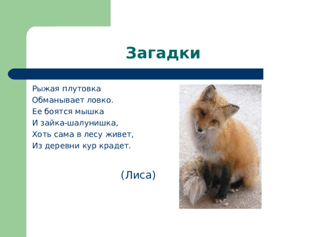 Загадки Рыжая плутовка Обманывает ловко. Ее боятся мышка И зайка-шалунишка, Хоть сама в лесу живет, Из деревни кур крадет.  (Лиса) 