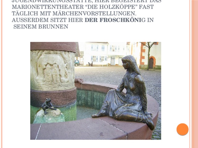 Steinau an der Straße  – die Jugendwirkungsstätte, hier begeistert das Marionettentheater “Die Holzköppe” fast täglich mit Märchenvorstellungen. Außerdem sitzt hier  der Froschkönig  in seinem Brunnen. 