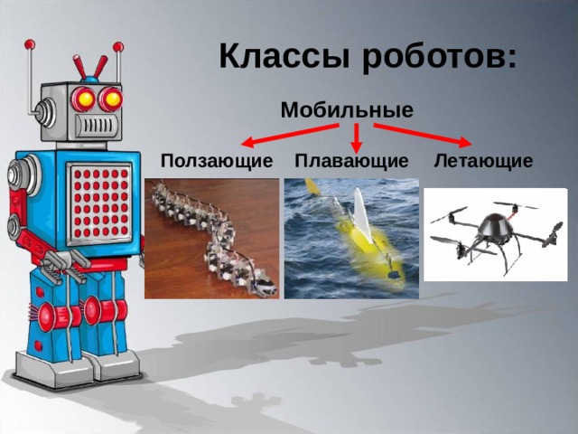 Классы роботов: Мобильные Ползающие Плавающие Летающие 