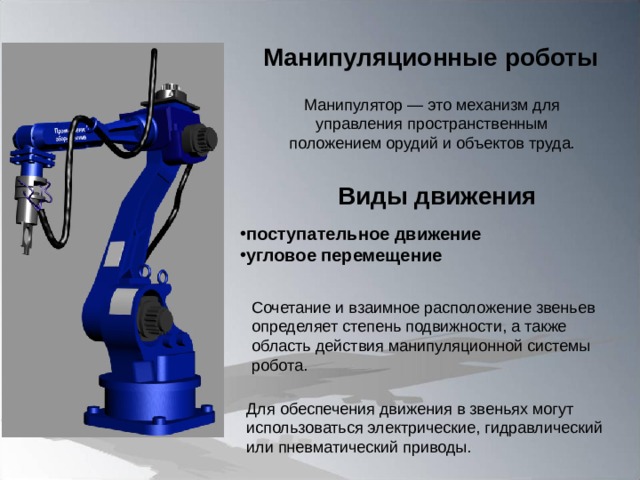 Манипуляционные роботы Манипулятор — это механизм для управления пространственным положением орудий и объектов труда. Виды движения поступательное движение угловое перемещение Сочетание и взаимное расположение звеньев определяет степень подвижности, а также область действия манипуляционной системы робота. Для обеспечения движения в звеньях могут использоваться электрические, гидравлический или пневматический приводы. 