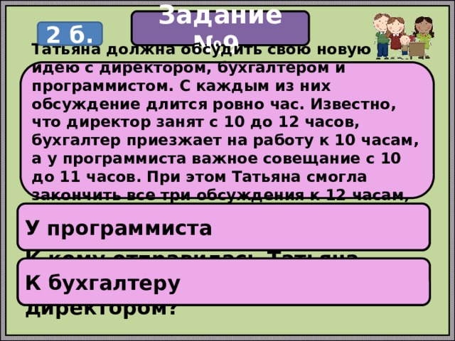 Задание №9 2 б. Татьяна должна обсудить свою новую идею с директором, бухгалтером и программистом. С каждым из них обсуждение длится ровно час. Известно, что директор занят с 10 до 12 часов, бухгалтер приезжает на работу к 10 часам, а у программиста важное совещание с 10 до 11 часов. При этом Татьяна смогла закончить все три обсуждения к 12 часам, придя на работу к 9 часам. У программиста У кого Татьяна была в 11:30? К бухгалтеру К кому отправилась Татьяна после обсуждения идеи с директором? 