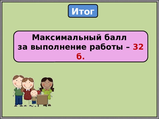 Итог Максимальный балл за выполнение работы – 32 б. 
