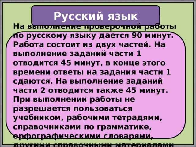 Русский язык Проверочная работа по русскому языку состоит из двух частей, которые выполняются в разные дни и различаются по содержанию и количеству заданий. На выполнение проверочной работы по русскому языку дается 90 минут. Работа состоит из двух частей. На выполнение заданий части 1 отводится 45 минут, в конце этого времени ответы на задания части 1 сдаются. На выполнение заданий части 2 отводится также 45 минут. При выполнении работы не разрешается пользоваться учебником, рабочими тетрадями, справочниками по грамматике, орфографическими словарями, другими справочными материалами 