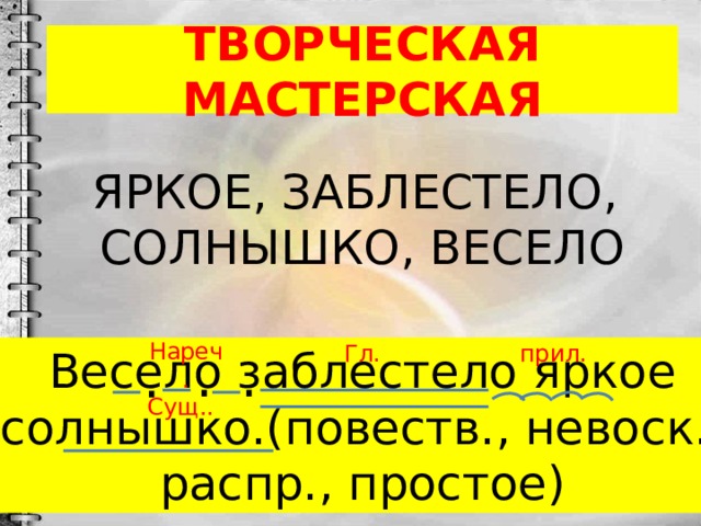 ТВОРЧЕСКАЯ МАСТЕРСКАЯ ЯРКОЕ, ЗАБЛЕСТЕЛО, СОЛНЫШКО, ВЕСЕЛО Нареч. Гл. прил. Весело заблестело яркое солнышко.(повеств., невоск., распр., простое) . . . Сущ.. 