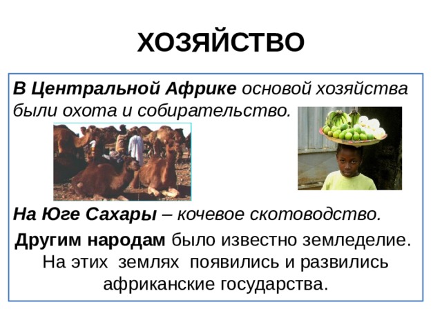 ХОЗЯЙСТВО В Центральной Африке основой хозяйства были охота и собирательство.    На Юге Сахары – кочевое скотоводство. Другим народам было известно земледелие. На этих землях появились и развились африканские государства. 