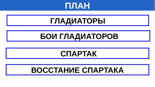 ПЛАН ГЛАДИАТОРЫ  БОИ ГЛАДИАТОРОВ  СПАРТАК ВОССТАНИЕ СПАРТАКА 