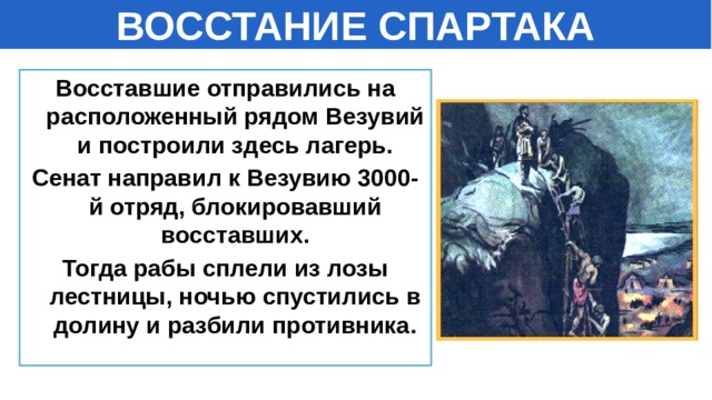 ВОССТАНИЕ СПАРТАКА Восставшие отправились на расположенный рядом Везувий и построили здесь лагерь. Сенат направил к Везувию 3000-й отряд, блокировавший восставших. Тогда рабы сплели из лозы лестницы, ночью спустились в долину и разбили противника . 