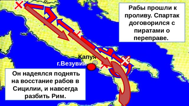  Рабы прошли к проливу. Спартак договорился с пиратами о переправе. Капуя г.Везувий  Он надеялся поднять на восстание рабов в Сицилии, и навсегда разбить Рим. 