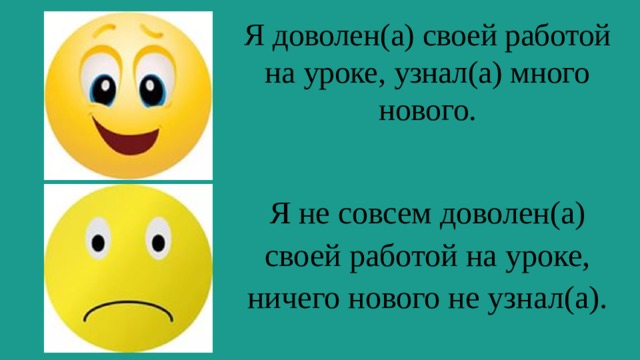 Я доволен(а) своей работой на уроке, узнал(а) много нового.   Я не совсем доволен(а) своей работой на уроке, ничего нового не узнал(а). 