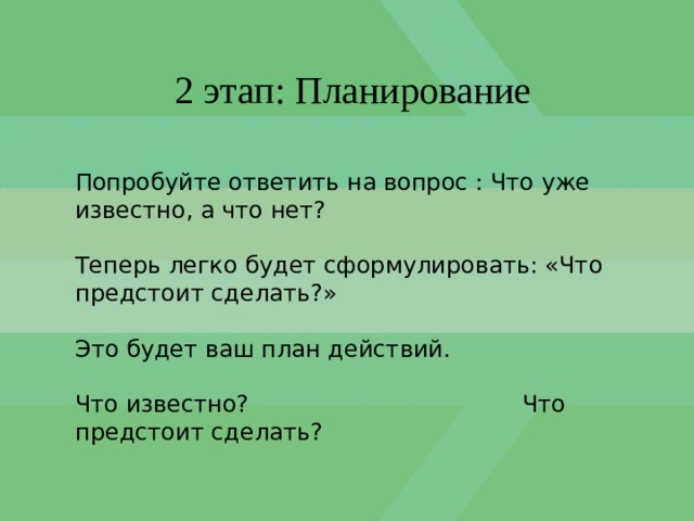 2 этап: Планирование Попробуйте ответить на вопрос : Что уже известно, а что нет? Теперь легко будет сформулировать: «Что предстоит сделать?» Это будет ваш план действий. Что известно? Что предстоит сделать?  