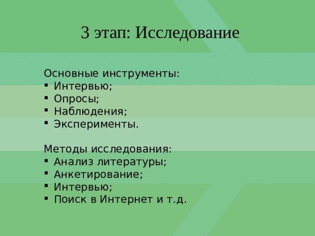 3 этап: Исследование Основные инструменты: Интервью; Опросы; Наблюдения; Эксперименты. Методы исследования: Анализ литературы; Анкетирование; Интервью; Поиск в Интернет и т.д. 
