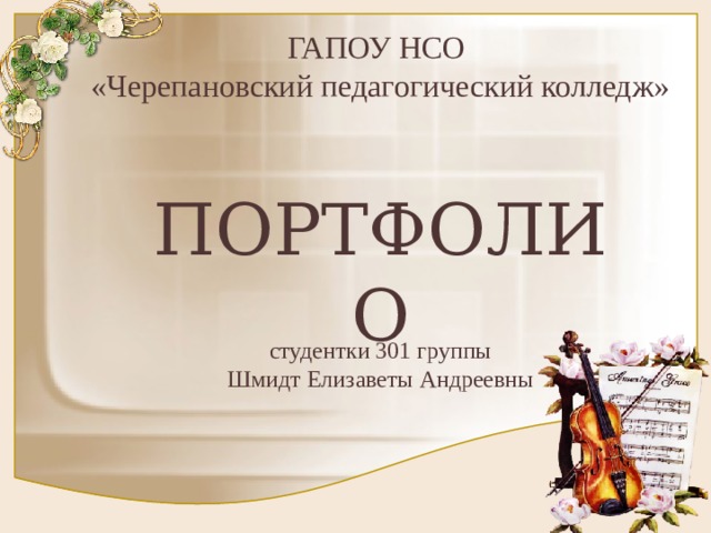 ГАПОУ НСО  «Черепановский педагогический колледж» ПОРТФОЛИО студентки 301 группы Шмидт Елизаветы Андреевны 
